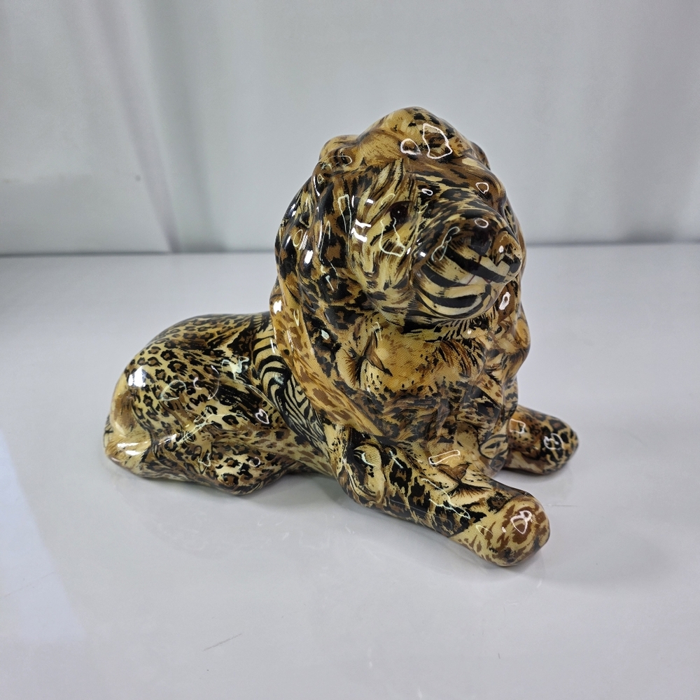 La Vie Safari African Lion Figurine Patchwork Wild Animal Print Decor. Vintage.
